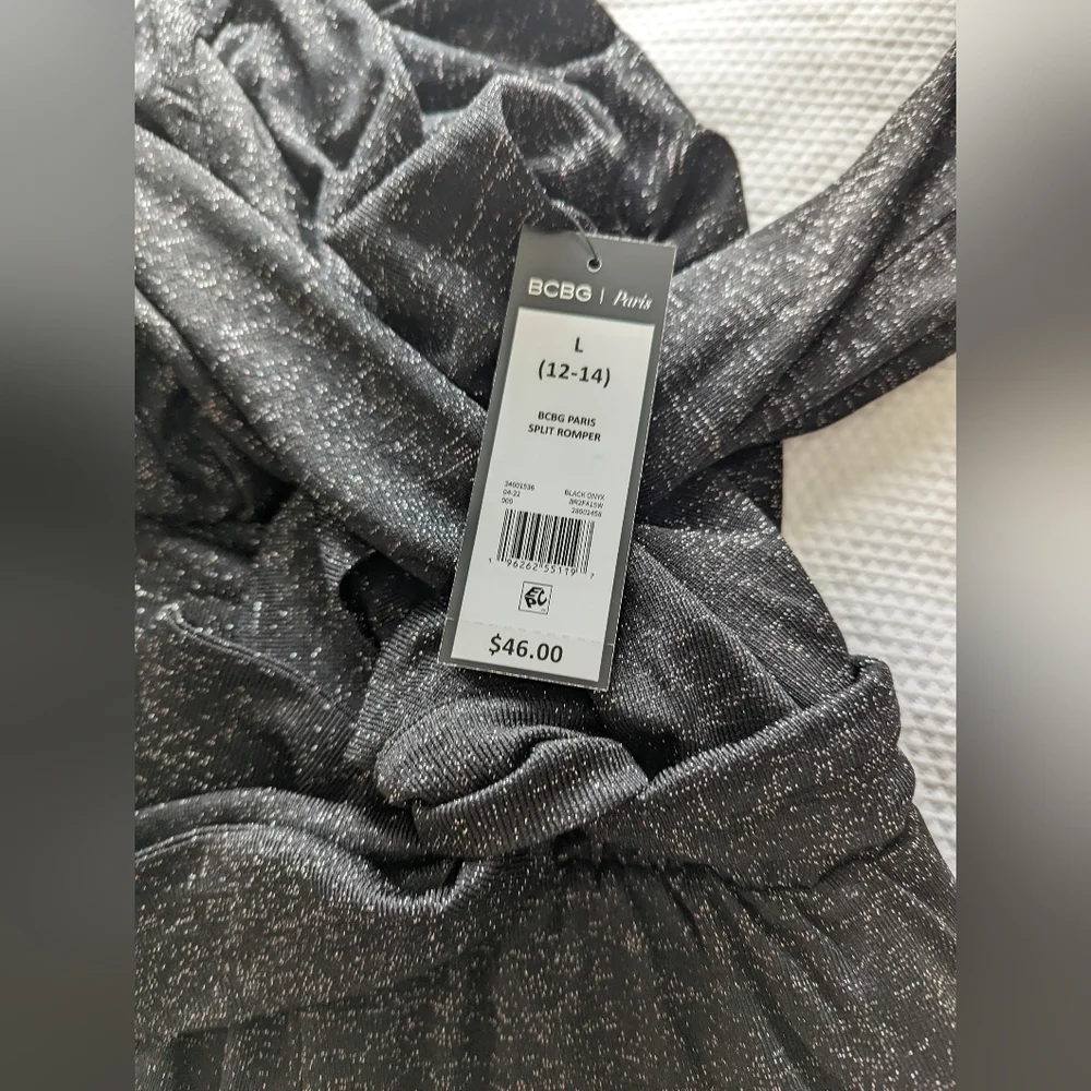 BCBG Paris Women's Sparkly Tied Waist Romper with Split Sleeves size L. - Picture 11 of 12